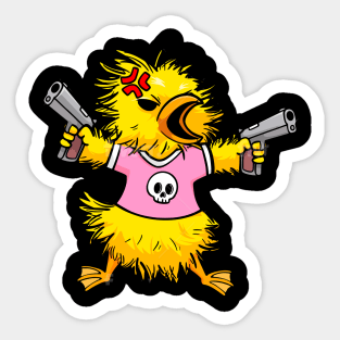 The Fierce Firearm Fowl: Angry Baby Chicken Duck with Dual Guns Sticker